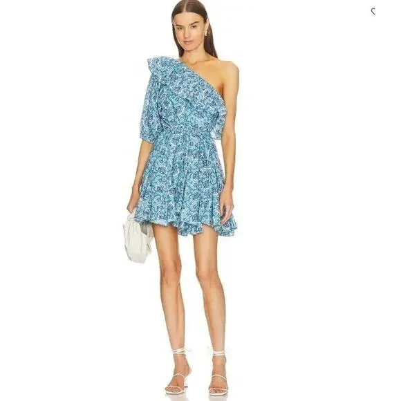 NEW RHODE Sz XS Ozzie Mini Dress One Shoulder Aqua Lotus Floral - Picture 1 of 10